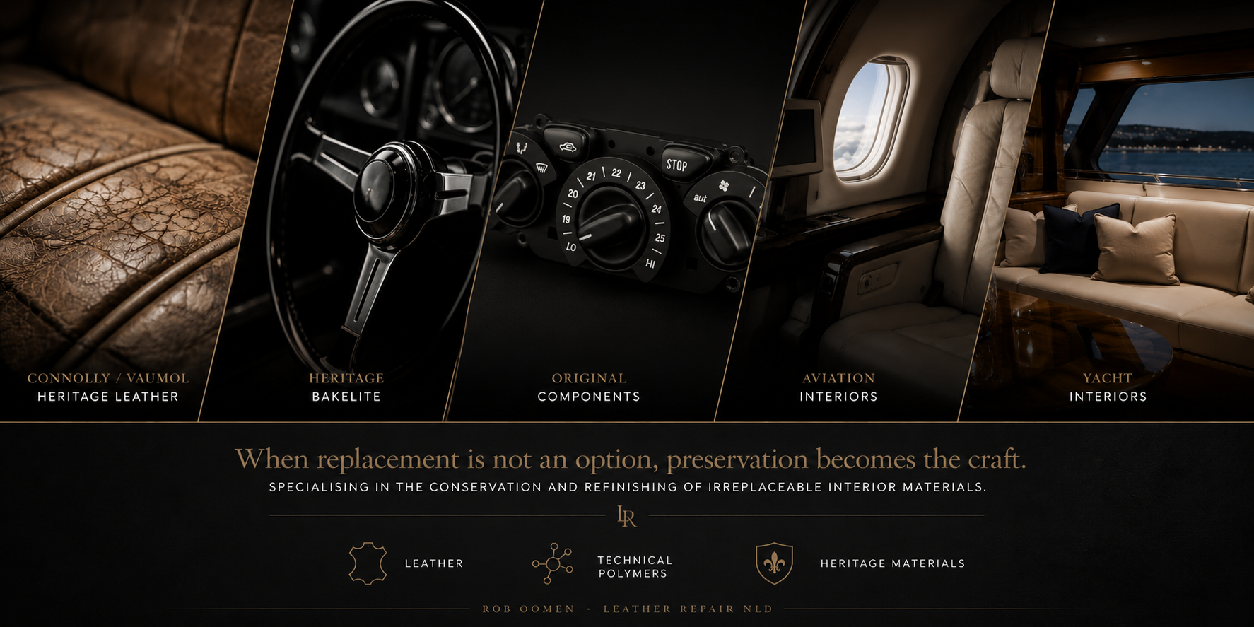 Leather Repair NLD — wanneer vervanging geen optie is, wordt behoud het ambacht. Heritage leather, aviation en yacht interieurs.